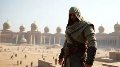 Basim Ibn Ishaq, o protagonista de Assassin's Creed Mirage, em uma pose furtiva nos telhados de Bagdá com a lâmina oculta à mostra.