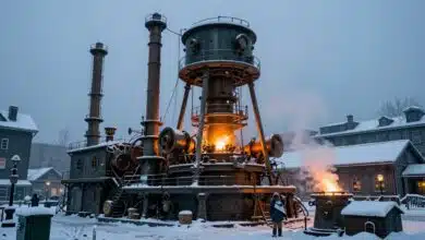 Uma cidade steampunk coberta de neve e gelo, com um grande gerador central emitindo luz alaranjada em um ambiente gélido e desolador.