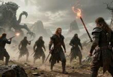 Uma cena épica de fantasia contendo um grupo de aventureiros de diferentes classes enfrentando uma criatura mágica em um cenário vasto e detalhado, com foco em magia elemental e elementos de RPG tático.