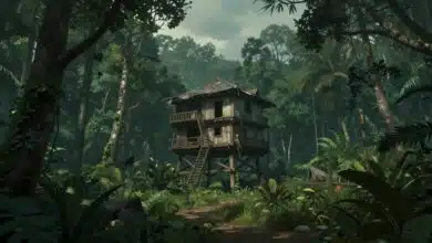 Uma paisagem sombria de floresta densa em uma ilha isolada com elementos de construção de base e estruturas de sobrevivência, sob uma atmosfera de mistério em Sons of the Forest.