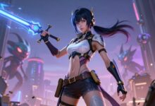 Eve, protagonista de Stellar Blade, empunhando uma espada de energia diante de uma cidade futurista em ruínas, com criaturas Naytiba ao fundo