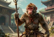 Guerreiro macaco inspirado na mitologia chinesa empunhando um bastão diante de um templo antigo, em uma paisagem fantástica e cinematográfica