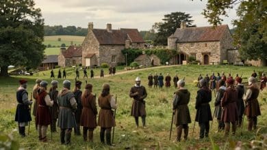 Paisagem medieval de Manor Lords com uma vila em crescimento, campos agrícolas, muralhas e tropas organizadas ao entardecer