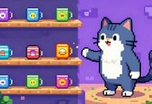 Cena de Cat Bird em uma fase de plataforma com o protagonista gato-pássaro saltando entre plataformas coloridas em um mundo de pixel art