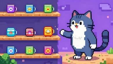 Cena de Cat Bird em uma fase de plataforma com o protagonista gato-pássaro saltando entre plataformas coloridas em um mundo de pixel art