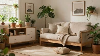 Ambiente aconchegante e repleto de plantas em um jogo de decoração relaxante, com móveis, luz suave e detalhes naturais