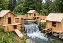 Colônia de castores engenheiros construindo uma cidade sustentável com represas, canais e estruturas de madeira em Timberborn
