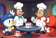 Cuphead enfrentando chefes coloridos em uma arena com estética de desenho animado dos anos 1930