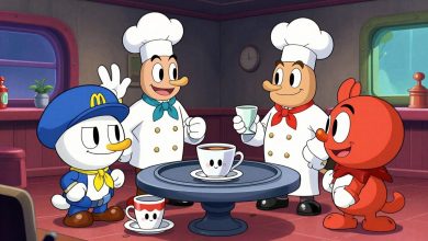 Cuphead enfrentando chefes coloridos em uma arena com estética de desenho animado dos anos 1930
