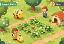 Cena de Honey Grove mostrando uma vila de abelhas colorida, plantações, jardins e personagens amigáveis em um jogo mobile aconchegante