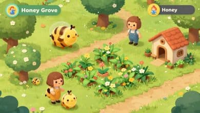 Cena de Honey Grove mostrando uma vila de abelhas colorida, plantações, jardins e personagens amigáveis em um jogo mobile aconchegante