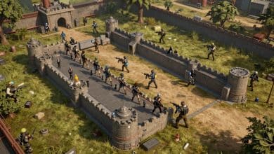 Cena de jogo de ação e estratégia com uma fortaleza metálica cercada por inimigos, armas futuristas e elementos táticos em um campo de batalha industrial