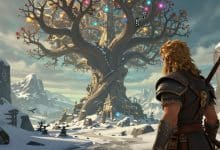 Guerreiro viking diante de uma paisagem nórdica com uma árvore cósmica, montanhas nevadas, runas e elementos de videogame em estilo épico