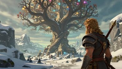 Guerreiro viking diante de uma paisagem nórdica com uma árvore cósmica, montanhas nevadas, runas e elementos de videogame em estilo épico