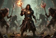 Cena de Vampire Survivors com um personagem cercado por hordas de monstros, armas mágicas e efeitos de combate em um cenário gótico retrô