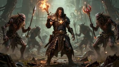 Cena de Vampire Survivors com um personagem cercado por hordas de monstros, armas mágicas e efeitos de combate em um cenário gótico retrô