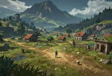 Aventura em mundo aberto com um jogador explorando uma paisagem vasta, montanhas ao fundo, ruínas antigas, uma cidade distante e diferentes biomas, em arte digital cinematográfica inspirada em videogames.