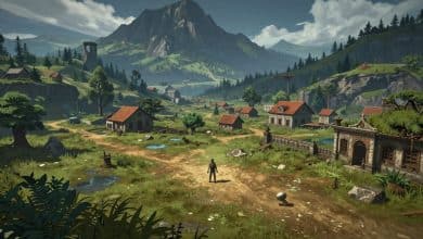 Aventura em mundo aberto com um jogador explorando uma paisagem vasta, montanhas ao fundo, ruínas antigas, uma cidade distante e diferentes biomas, em arte digital cinematográfica inspirada em videogames.