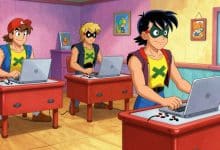 Arte vibrante com heróis mascarados inspirados em quadrinhos jogando em consoles portáteis, com elementos de ação, RPG e aventura ao fundo