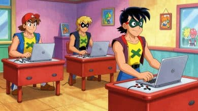 Arte vibrante com heróis mascarados inspirados em quadrinhos jogando em consoles portáteis, com elementos de ação, RPG e aventura ao fundo