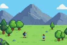Madeline escalando a Montanha Celeste em uma cena de plataforma em pixel art, com picos nevados, céu colorido e uma atmosfera de aventura.