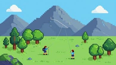 Madeline escalando a Montanha Celeste em uma cena de plataforma em pixel art, com picos nevados, céu colorido e uma atmosfera de aventura.