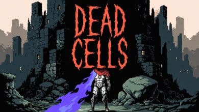 Arte de capa inspirada em Dead Cells, mostrando um herói sem cabeça com uma chama azul diante de um castelo sombrio em pixel art