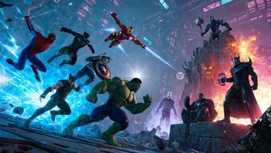 Heróis e vilões da Marvel se enfrentam em uma arena futurista destrutível, com poderes brilhantes e ação de equipe em terceira pessoa.