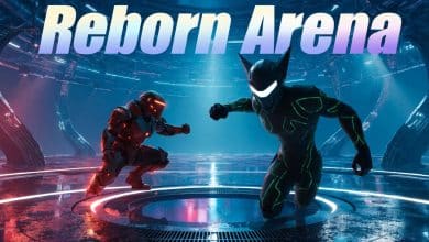 Arte de capa de um jogo de arena chamado Reborn Arena, com combatentes em posições opostas dentro de uma arena futurista iluminada, pronta para um confronto competitivo.