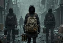 Arte de capa conceitual para Mags and Body Bags: um cenário sombrio de jogo independente com carregadores de munição, uma bolsa de equipamento e silhuetas em uma rua enevoada, sem violência explícita.