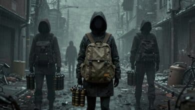 Arte de capa conceitual para Mags and Body Bags: um cenário sombrio de jogo independente com carregadores de munição, uma bolsa de equipamento e silhuetas em uma rua enevoada, sem violência explícita.