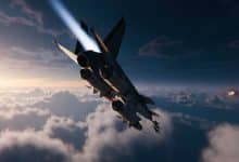 Caça a jato moderno em combate aéreo sobre nuvens dramáticas, com mísseis ao longe e horizonte iluminado, em uma cena de videogame
