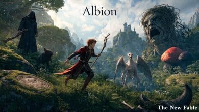 Cena de fantasia em Albion para o novo Fable, com um herói explorando uma paisagem medieval exuberante diante de criaturas e construções excêntricas.