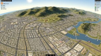 Visão panorâmica de uma cidade construída em um jogo de estratégia, com bairros, estradas, edifícios e áreas verdes sob planejamento.
