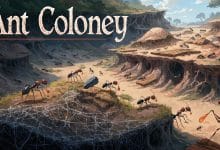 Arte de capa de Ant Colony mostrando uma colônia de formigas trabalhando em um formigueiro, com operárias coletando recursos e organizando a expansão da base.
