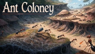 Arte de capa de Ant Colony mostrando uma colônia de formigas trabalhando em um formigueiro, com operárias coletando recursos e organizando a expansão da base.
