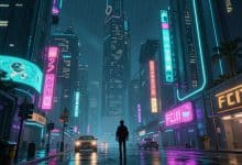 Arte editorial de uma metrópole cyberpunk à noite, com arranha-céus, letreiros neon, chuva e uma pessoa explorando a rua em um cenário de videogame futurista