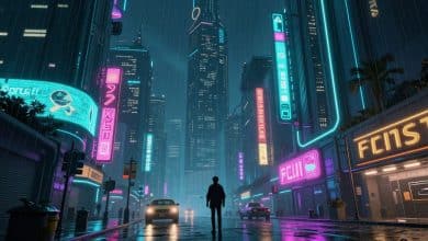 Arte editorial de uma metrópole cyberpunk à noite, com arranha-céus, letreiros neon, chuva e uma pessoa explorando a rua em um cenário de videogame futurista