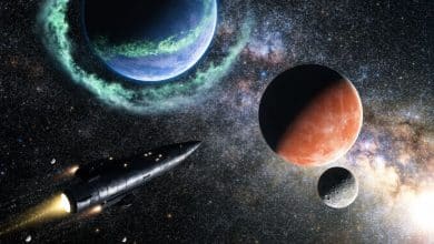 Uma nave de exploração cruzando um campo de estrelas diante de planetas coloridos, luas e uma nebulosa brilhante, em uma cena que celebra os jogos de exploração espacial.