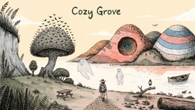 Ilustração acolhedora de Cozy Grove: um escoteiro espiritual explora uma ilha colorida ao lado de ursos fantasmagóricos, árvores e objetos artesanais, em estilo desenhado à mão.